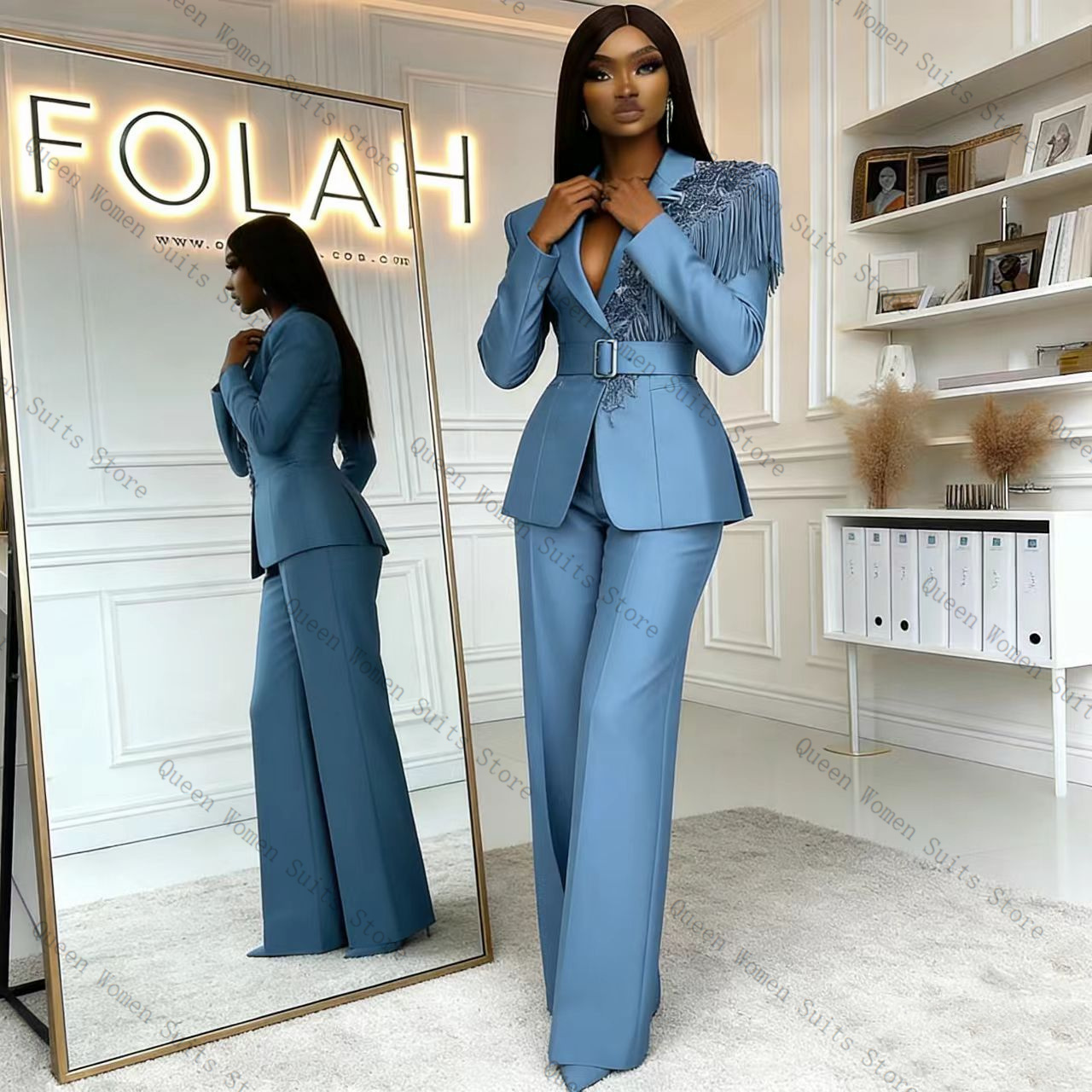 Women Formal Wear Trousers - طقم بدلة نسائية زرقاء مزينة بالشراشيب