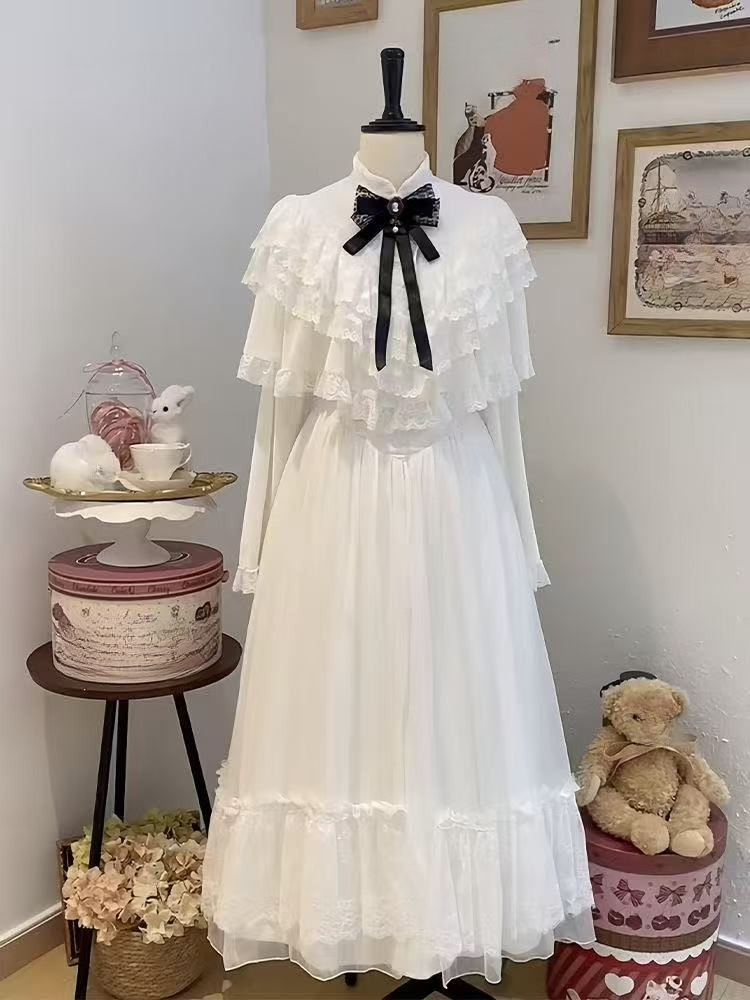 Women Formal Wear Dress - اليابانية قصيرة الأكمام القوس فستان الدانتيل