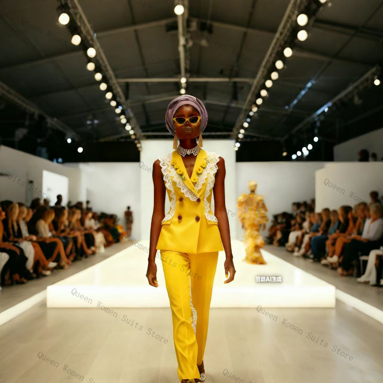 Yellow Formal Wear Women - طقم بدلة نسائية من الدانتيل الأصفر