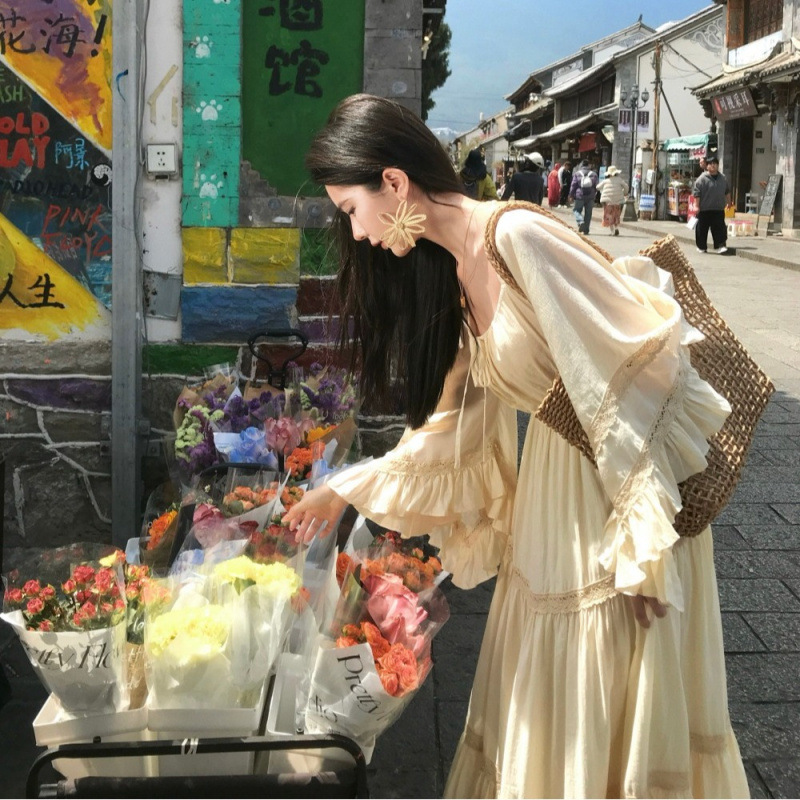 Vintage Women'S Formal Wear - فستان جديد أنيق بياقة مربعة وأكمام