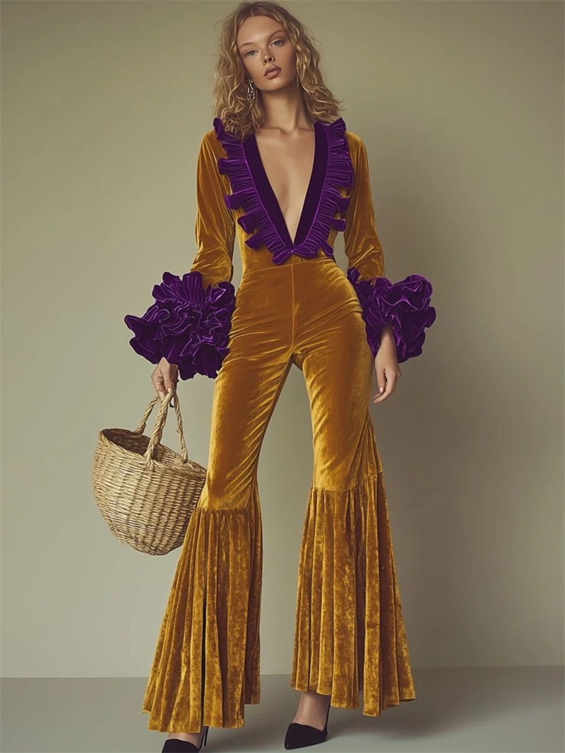 Yellow Formal Wear Women - جمبسوت نسائي مخملي أصفر بنفسجي، بياقة