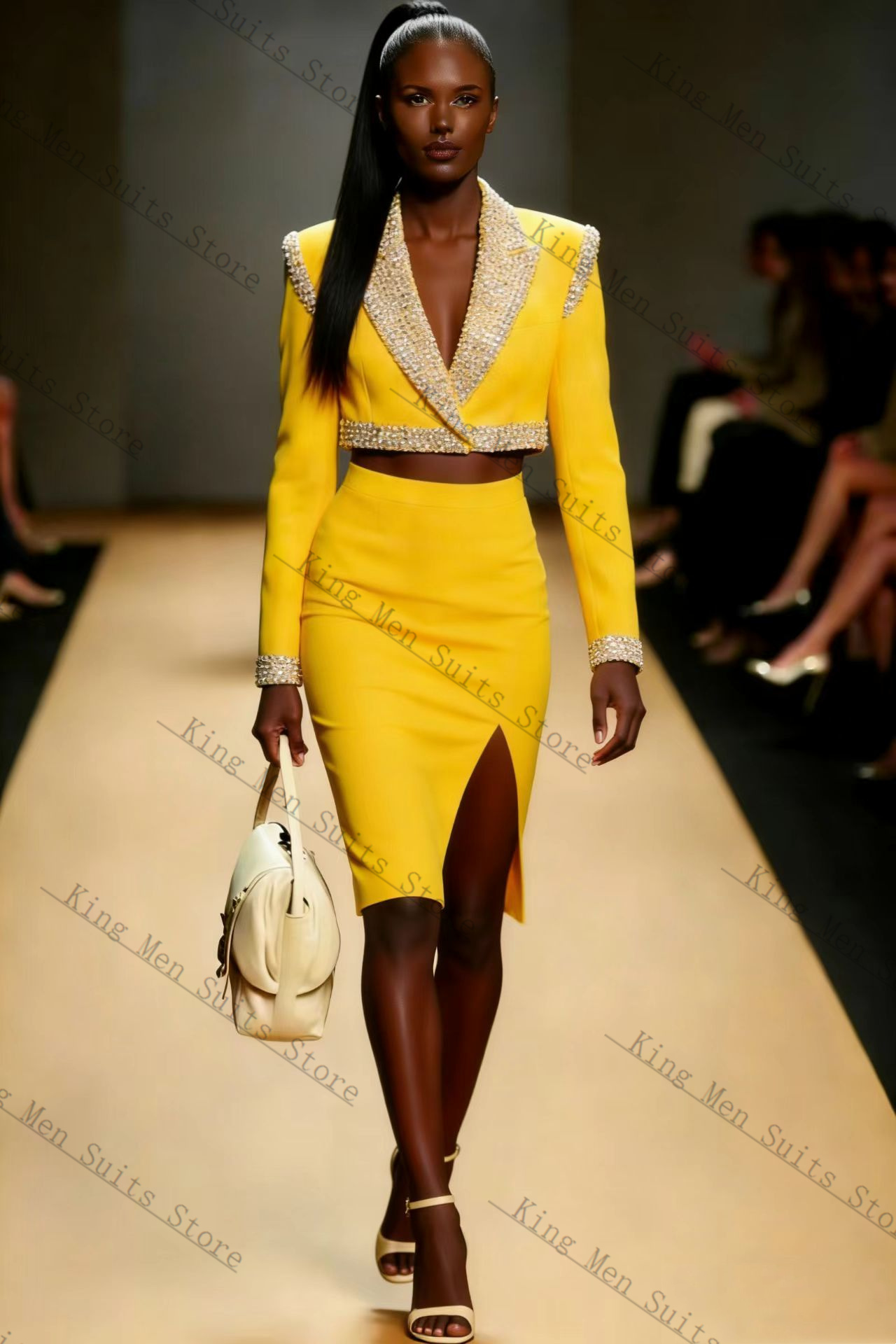 طقم بدلة نسائية بكريستالات صفر - مراجعة Yellow Formal Wear Women وسعره