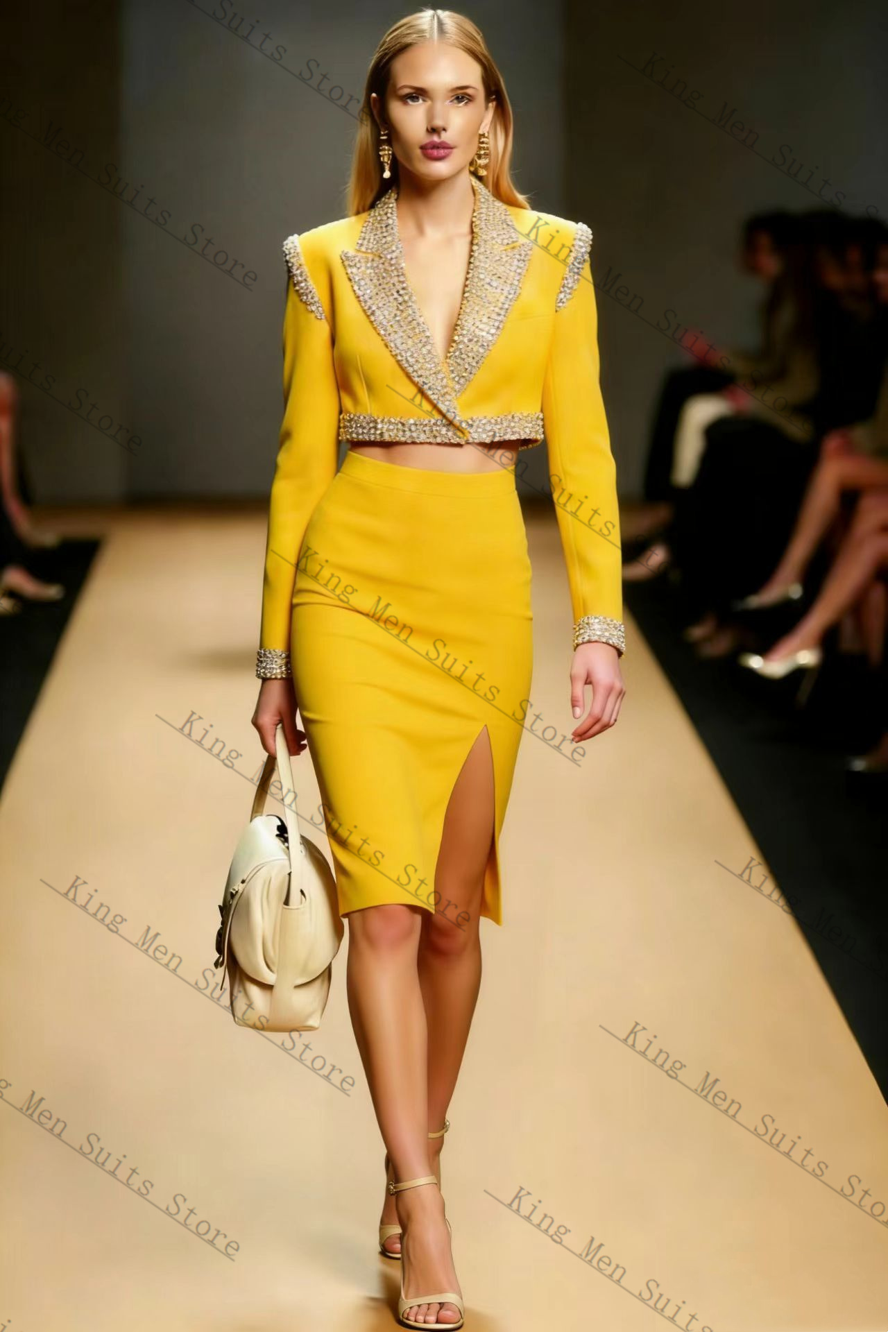 طقم بدلة نسائية بكريستالات صفر - مراجعة Yellow Formal Wear Women وسعره