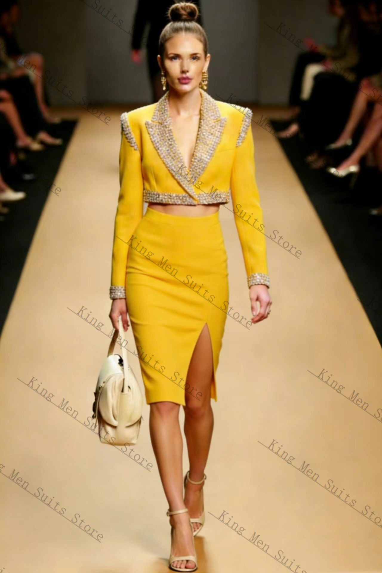 طقم بدلة نسائية بكريستالات صفر - مراجعة Yellow Formal Wear Women وسعره