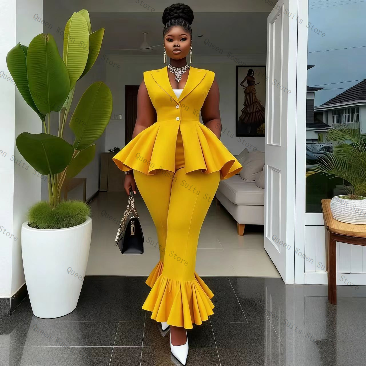 طقم بدلة نسائية صفراء من قطعتي - مراجعة Yellow Formal Wear Women وسعره