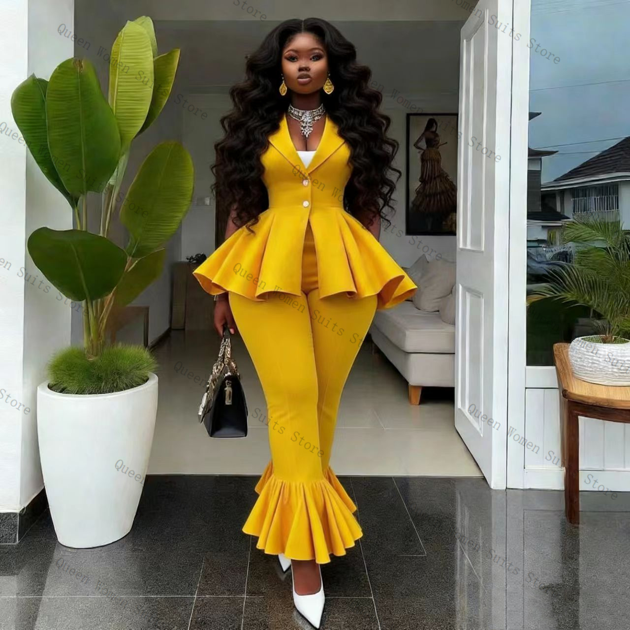 طقم بدلة نسائية صفراء من قطعتي - مراجعة Yellow Formal Wear Women وسعره