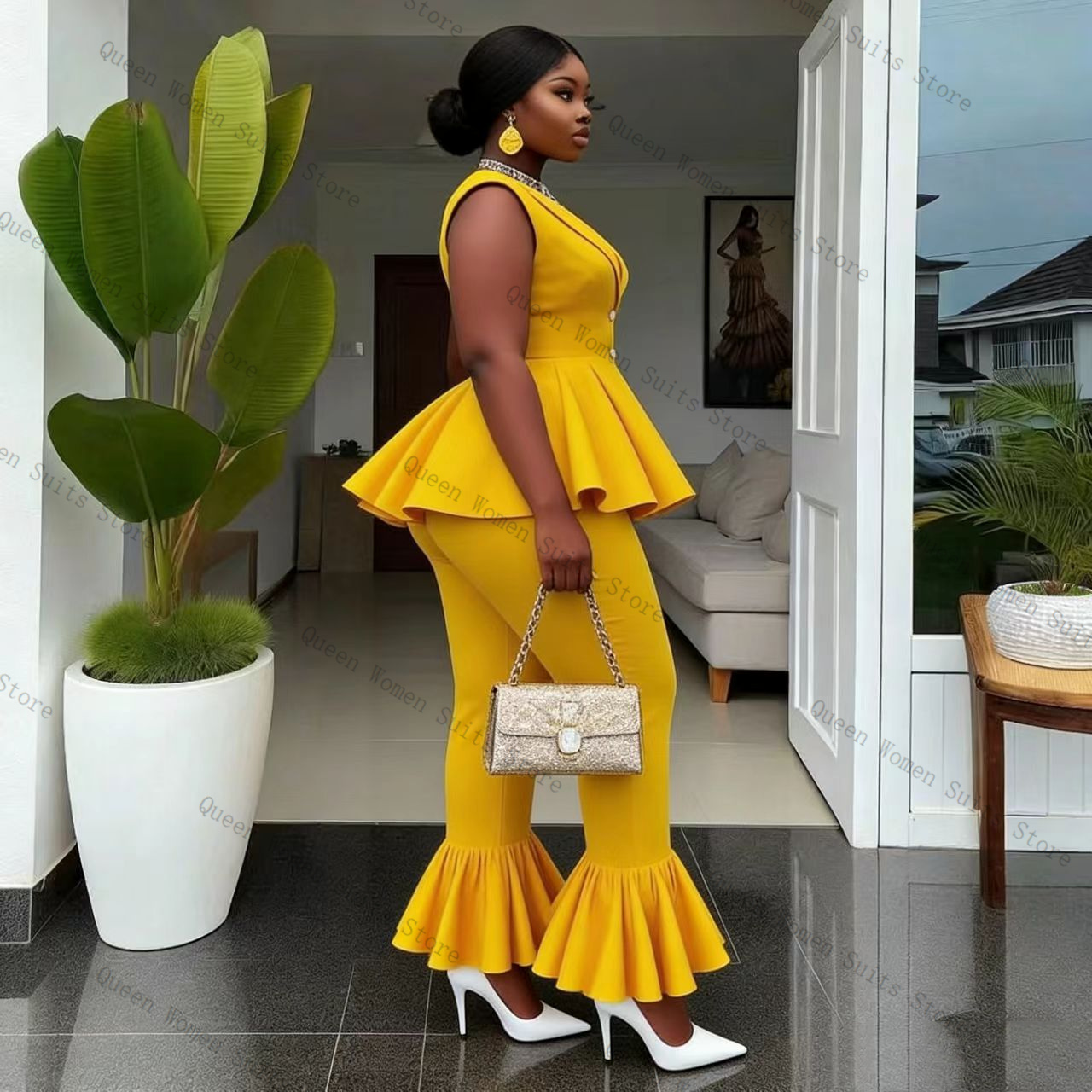 طقم بدلة نسائية صفراء من قطعتي - مراجعة Yellow Formal Wear Women وسعره
