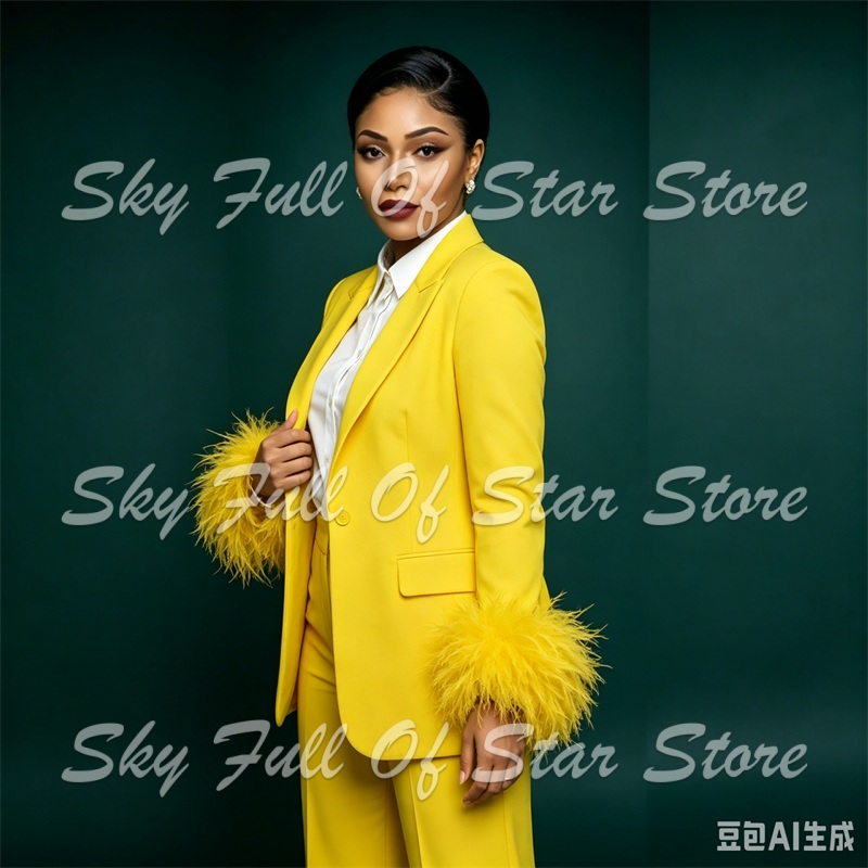 طقم بدلة نسائية بياقة ريش صفرا - مراجعة Yellow Formal Wear Women وسعره
