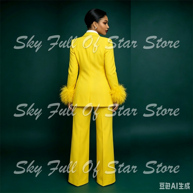 طقم بدلة نسائية بياقة ريش صفرا - مراجعة Yellow Formal Wear Women وسعره