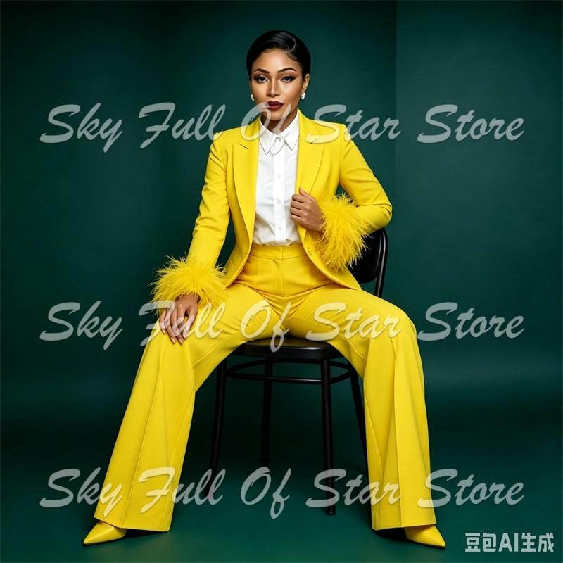 طقم بدلة نسائية بياقة ريش صفرا - مراجعة Yellow Formal Wear Women وسعره