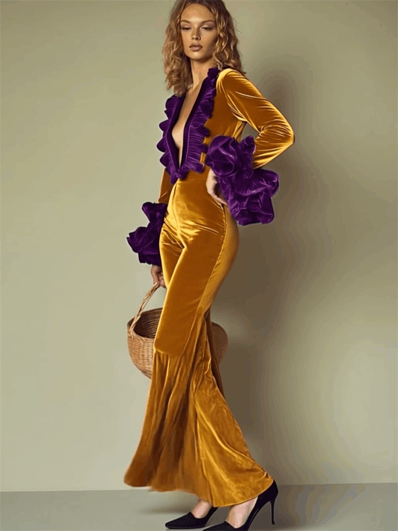 جمبسوت نسائي مخملي أصفر بنفسجي - مراجعة Yellow Formal Wear Women وسعره